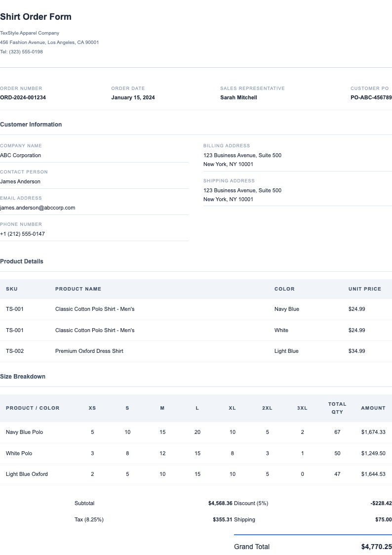 Simple clean shirt order form