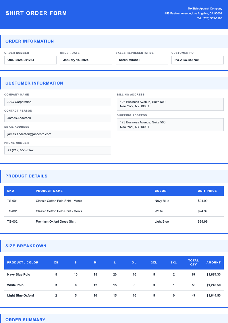 Split section shirt order form