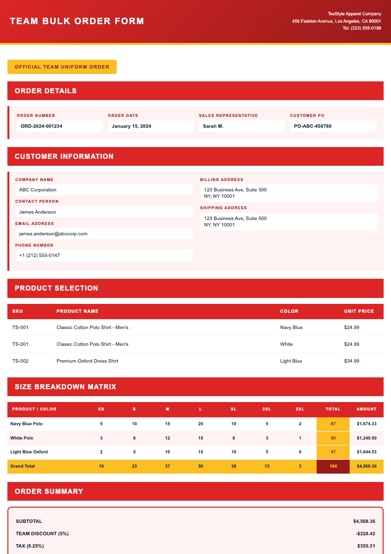 Team bulk order shirt order form