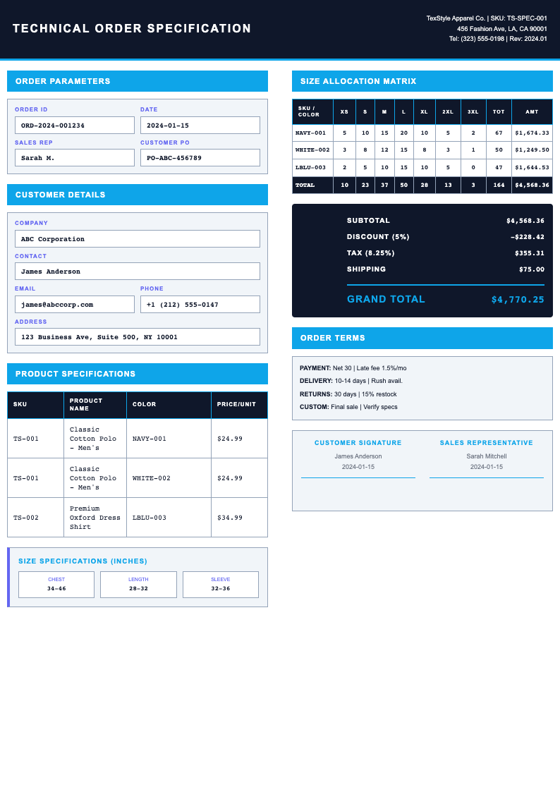 Technical precise shirt order form