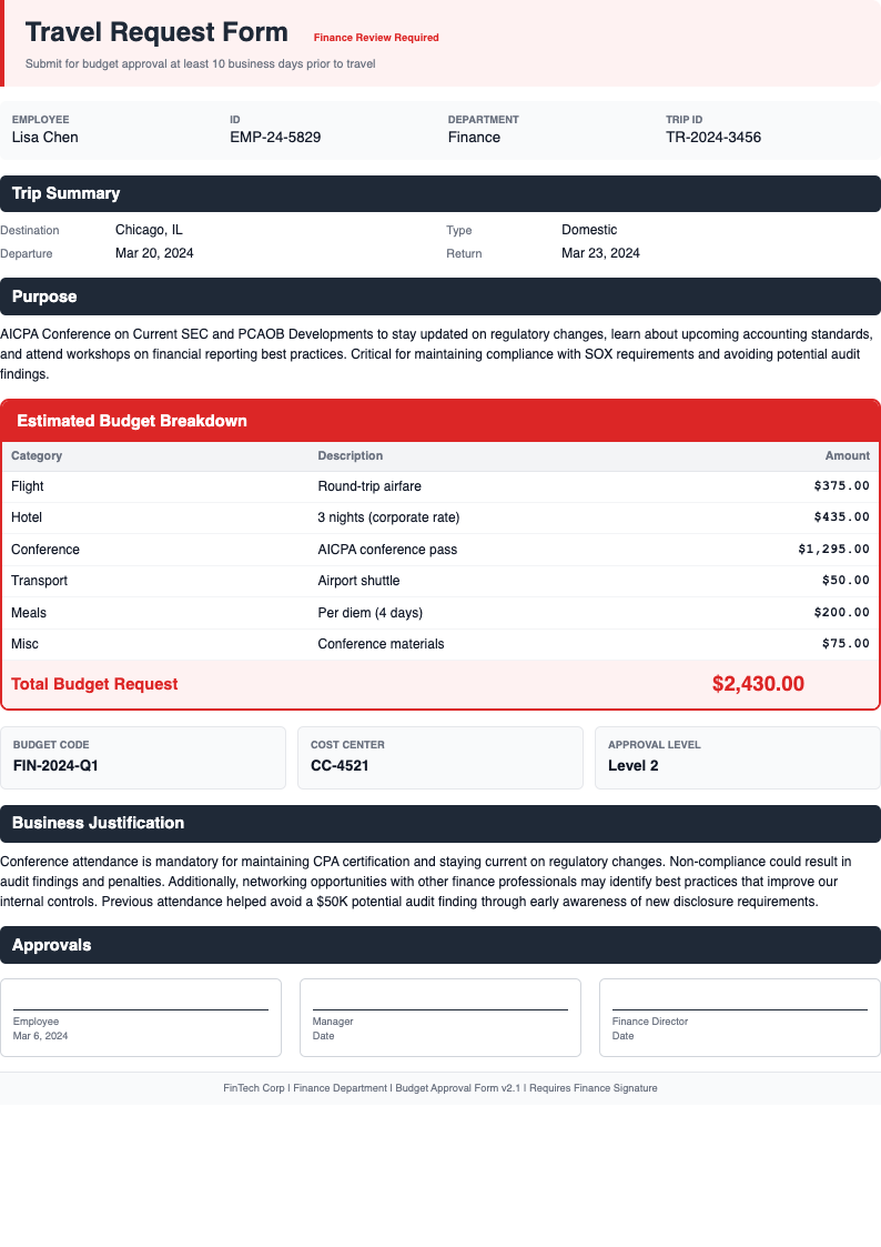Budget focused Travel Request Form