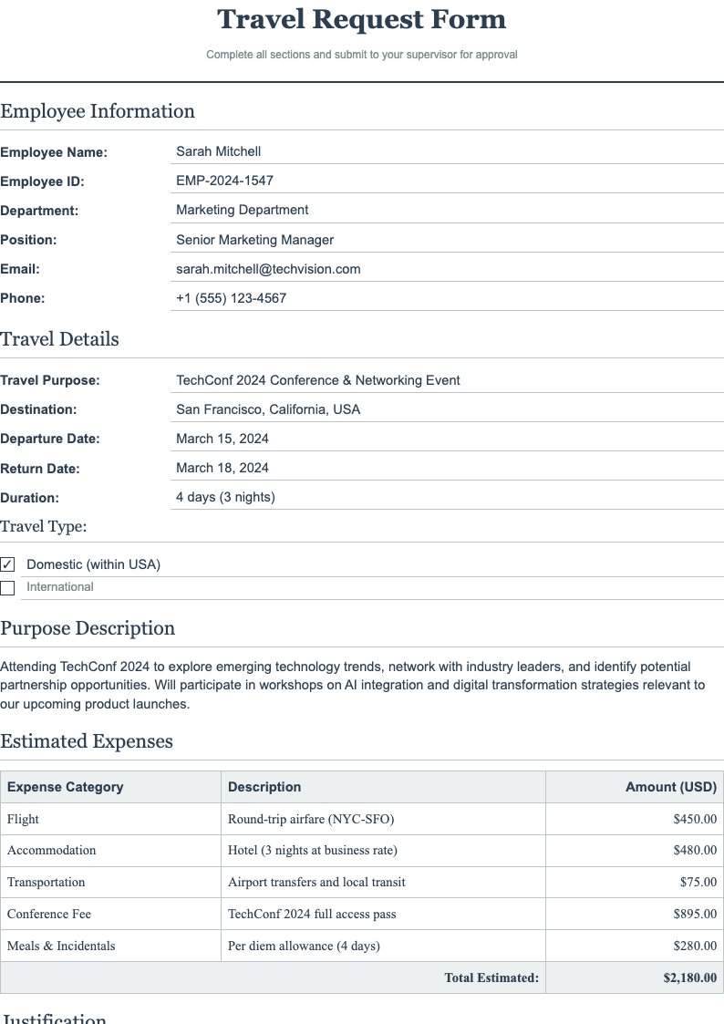 Classic professional Travel Request Form