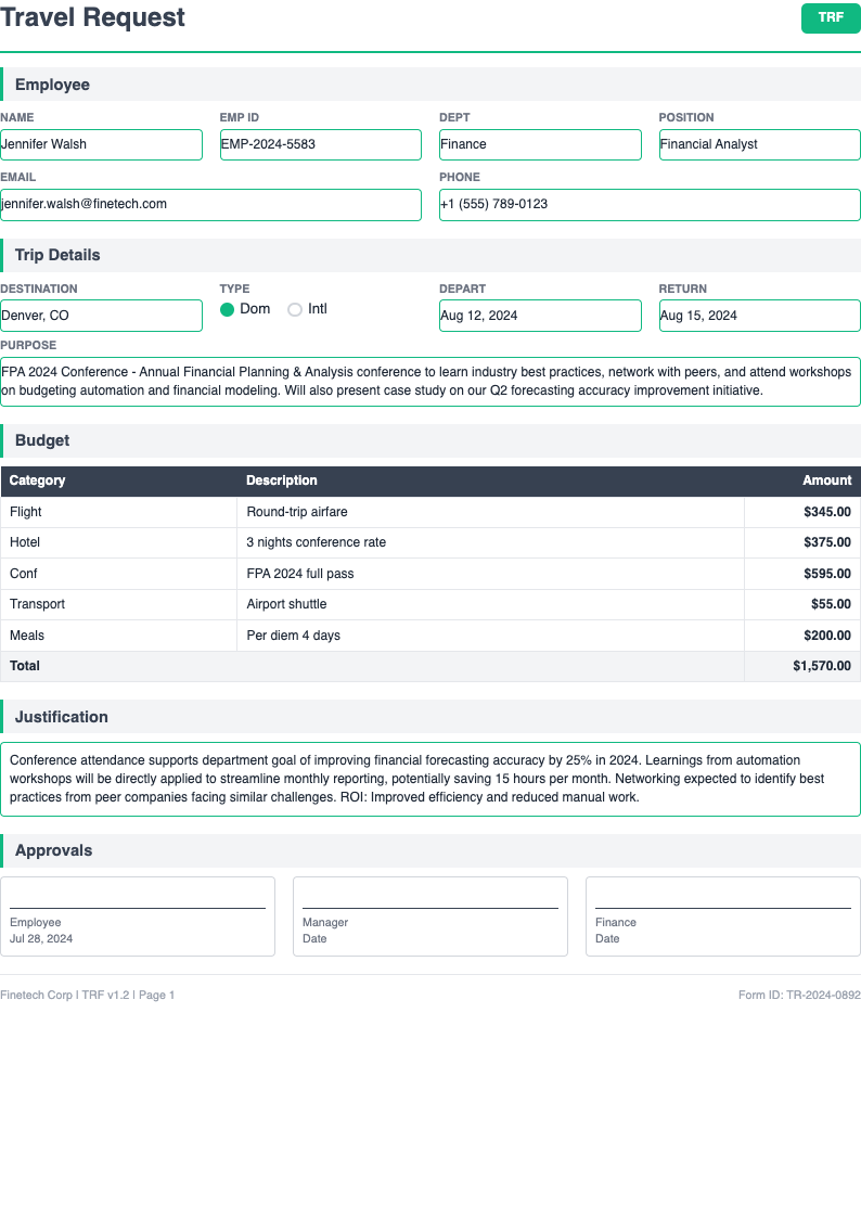 Clean functional Travel Request Form