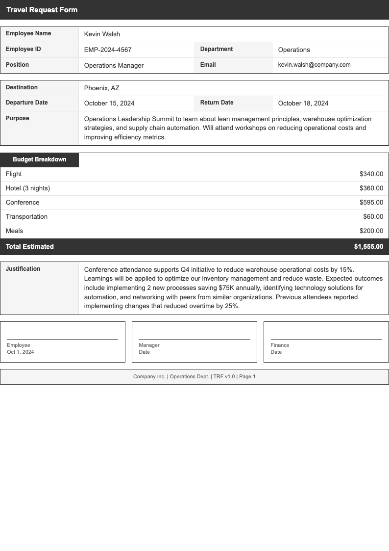 Clean utility Travel Request Form