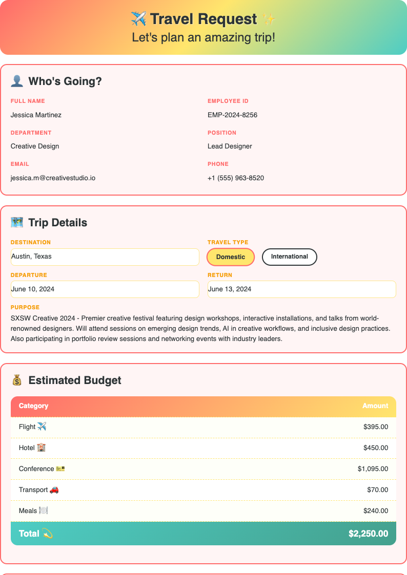 Colorful creative Travel Request Form