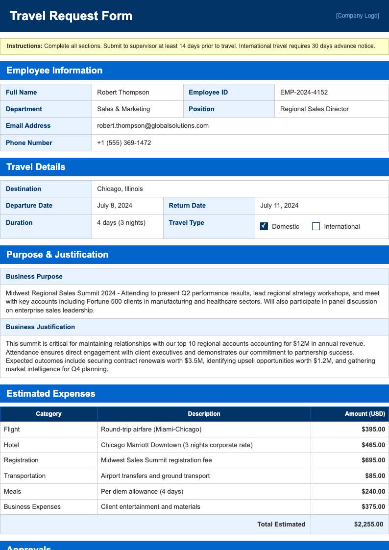 Corporate standard Travel Request Form