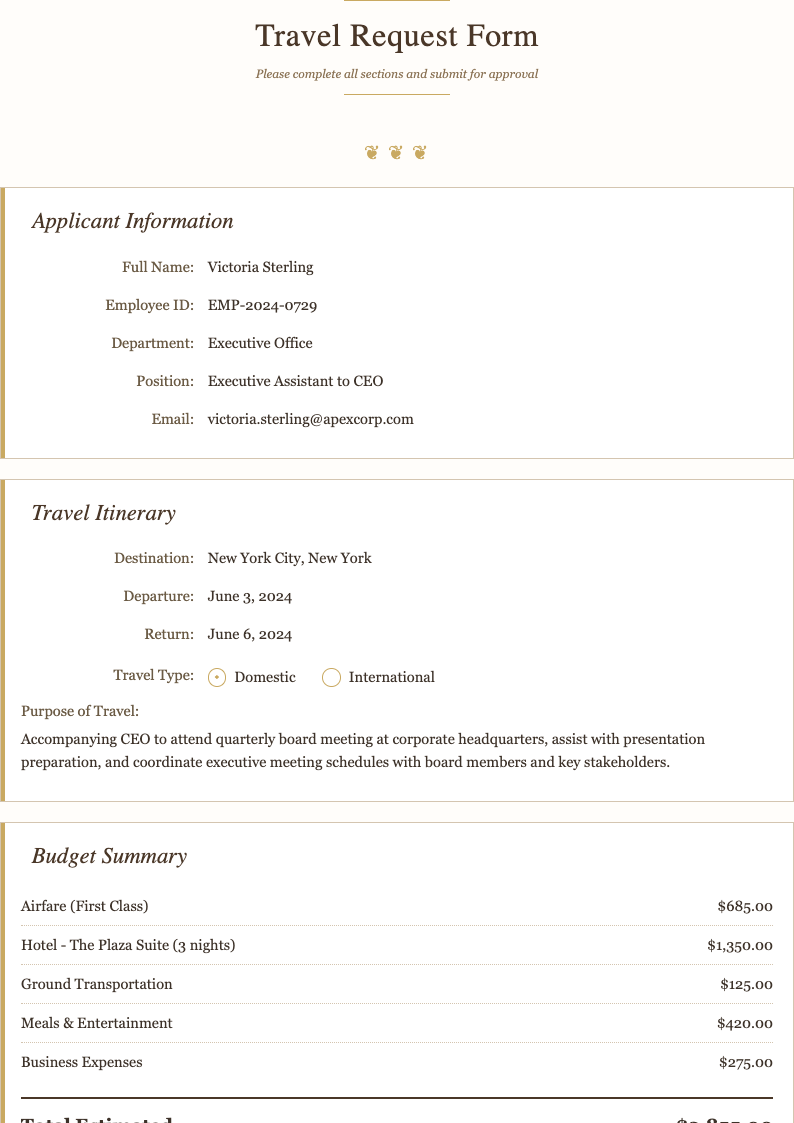 Elegant sophisticated Travel Request Form