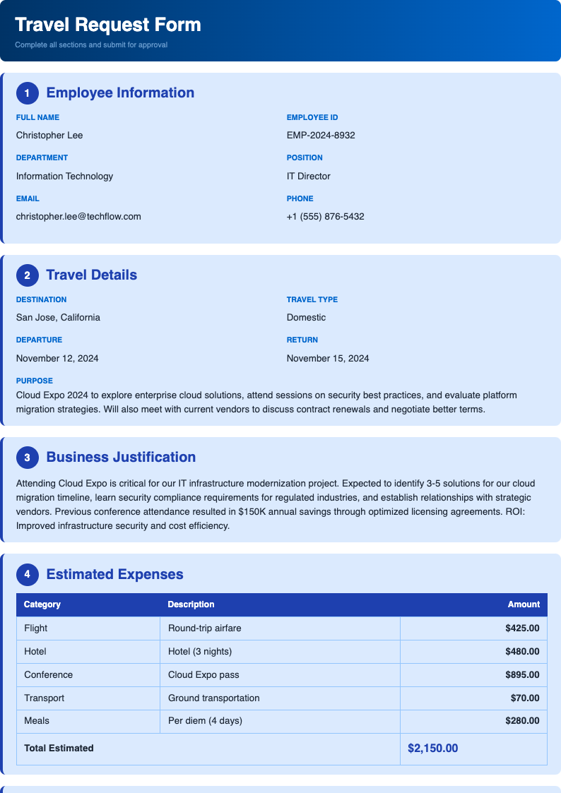 Professional blue Travel Request Form