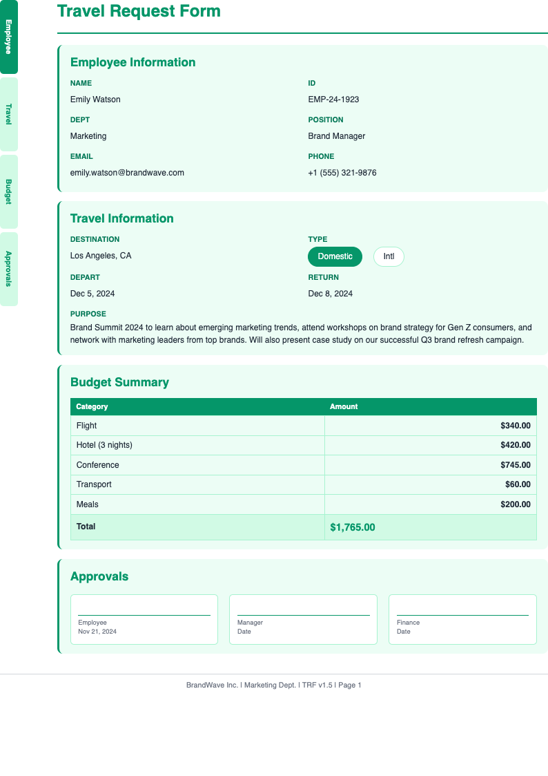 Side tab organized Travel Request Form