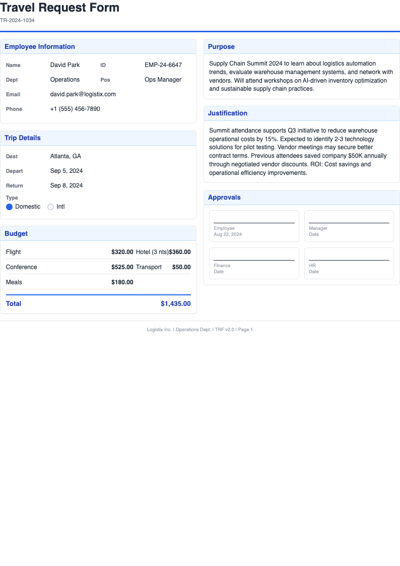 Two column compact Travel Request Form