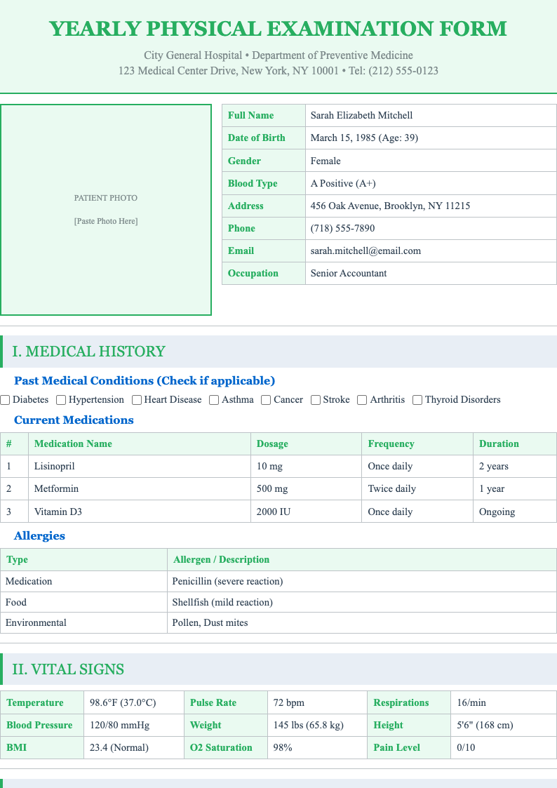Emerald green healthcare yearly physical form