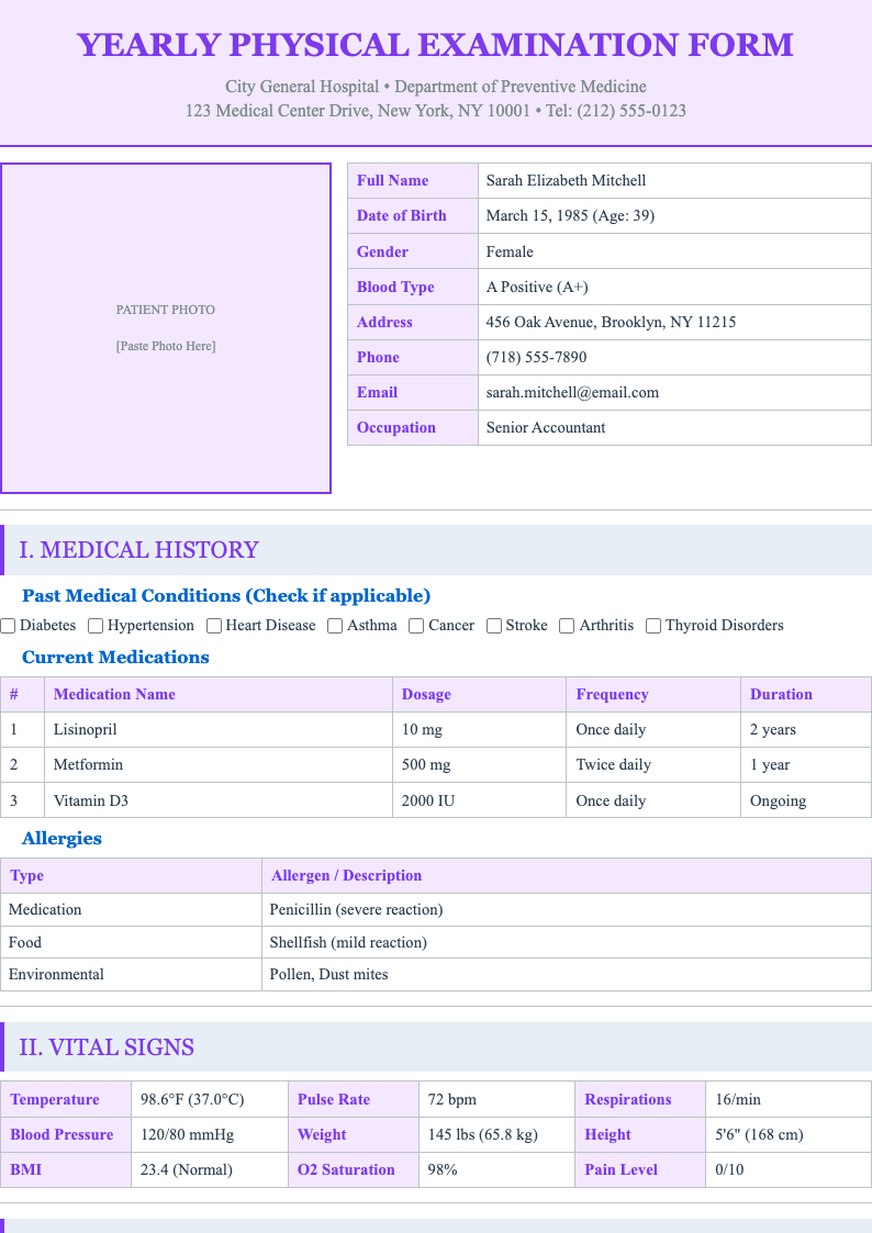 Pediatric child yearly physical form