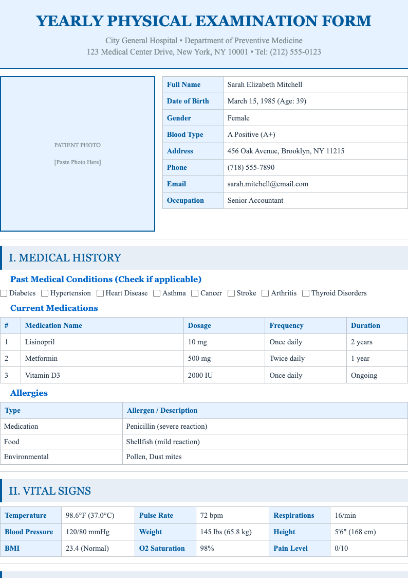 School student yearly physical form