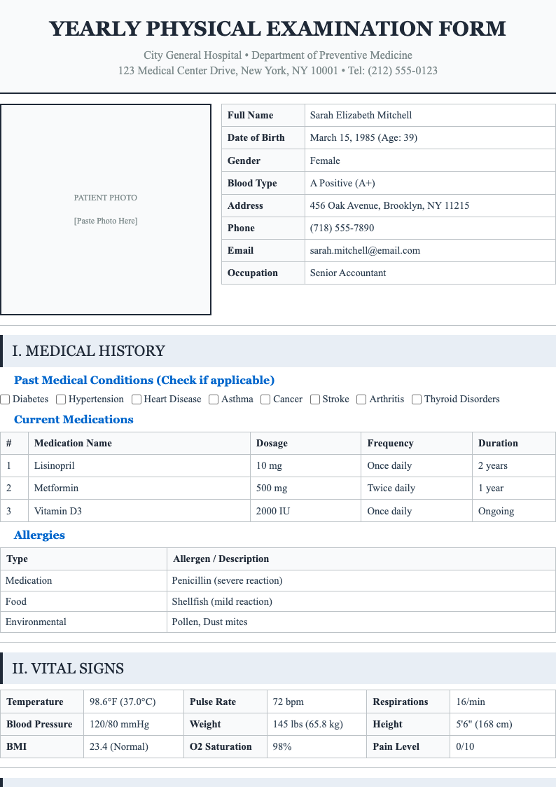 Senior geriatric yearly physical form