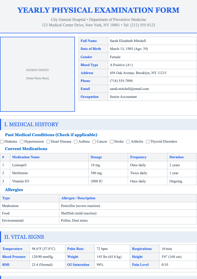 Tabbed interface yearly physical form