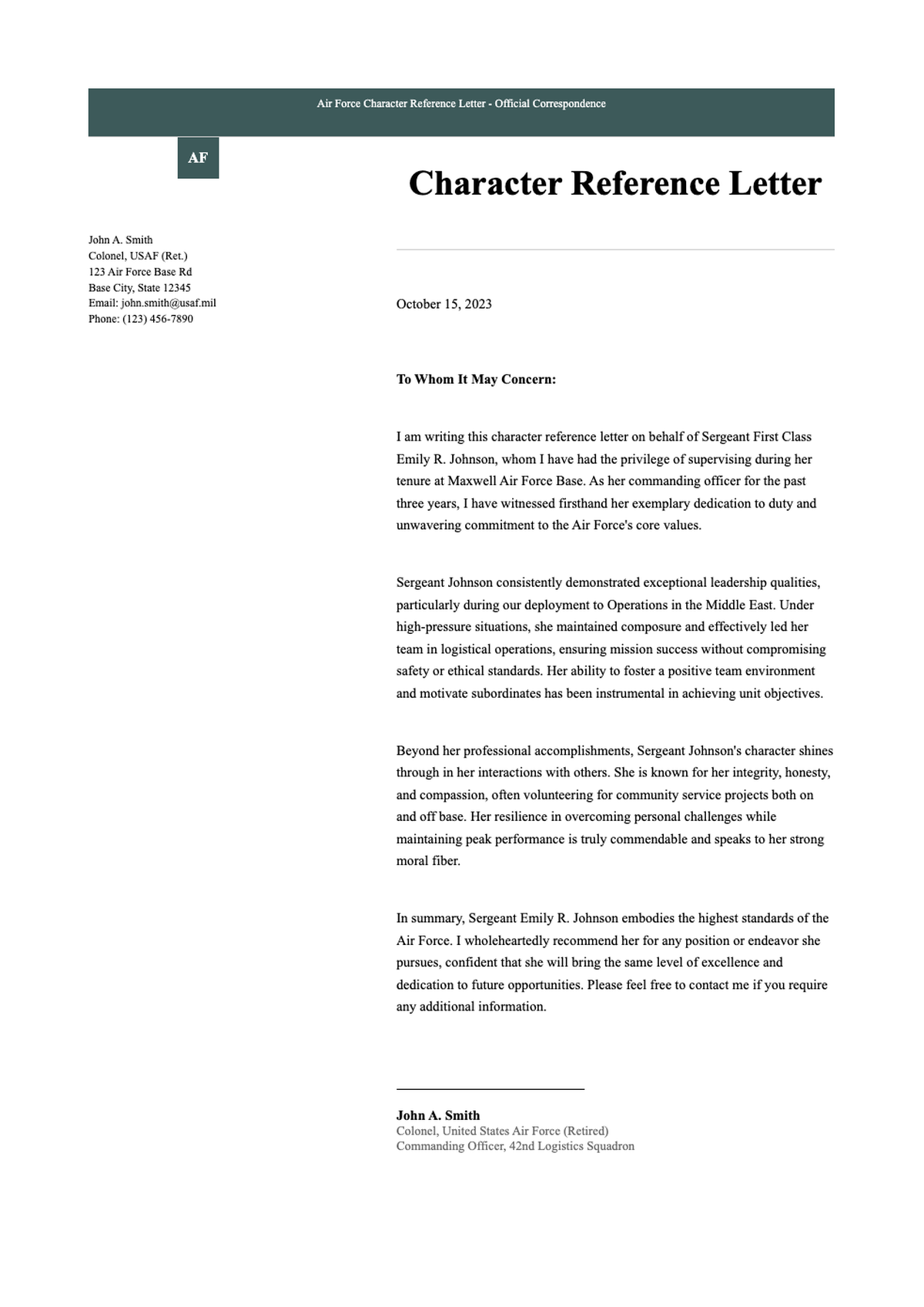 Reference. Header AI Formatter - Free Character Reference Letter Templates