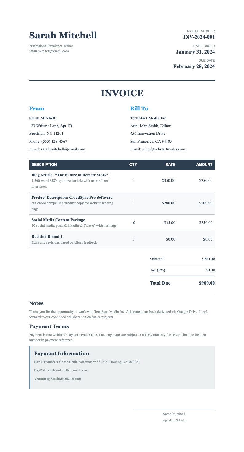 Invoice Writer AI Formatter - Free Freelance Writer Invoice Generator