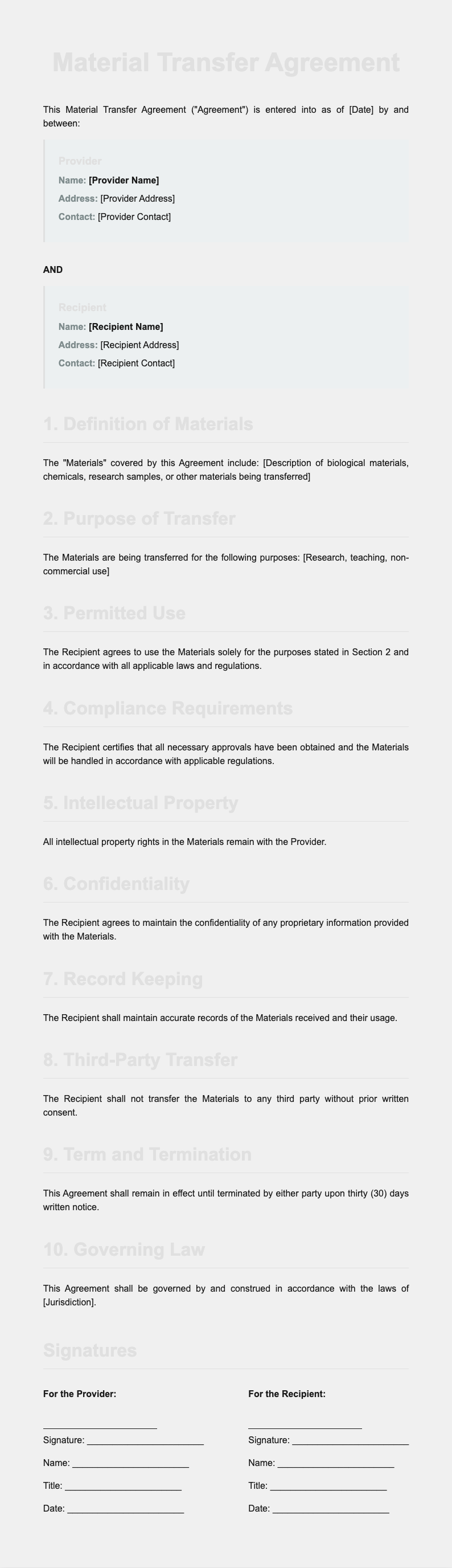 Material Transfer Agreement Template
