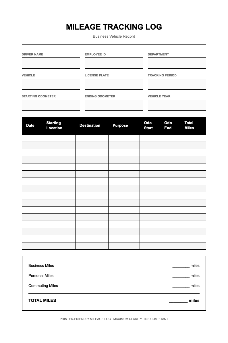 Monochrome mileage tracking log with driver, vehicle, odometer and business trip fields