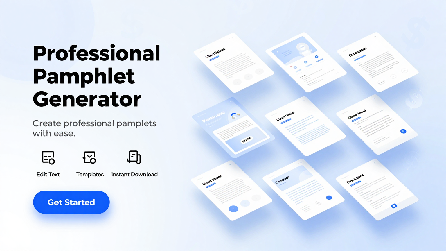 Screenshot of an editable pamphlet template being customized in a web browser with text and image placeholders
