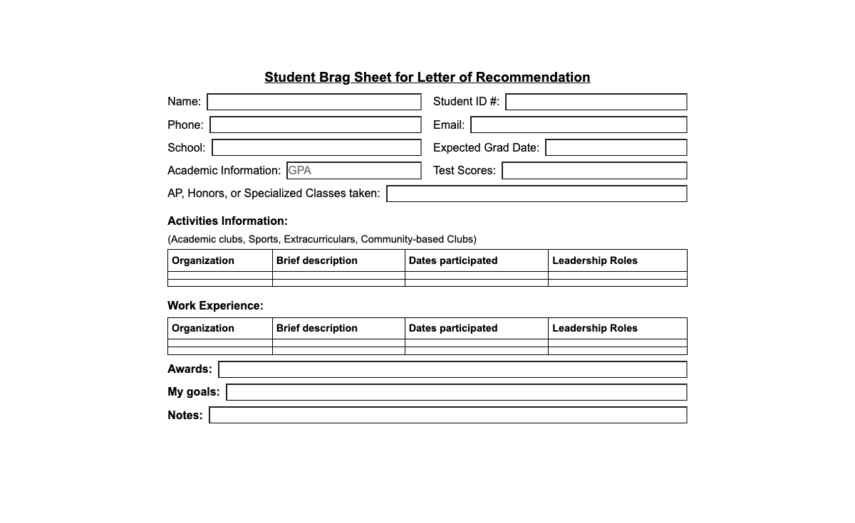 Katie Brag Sheet Template - A printable student info sheet for collecting academic, activity and work highlights for college or scholarship recommendation letters
