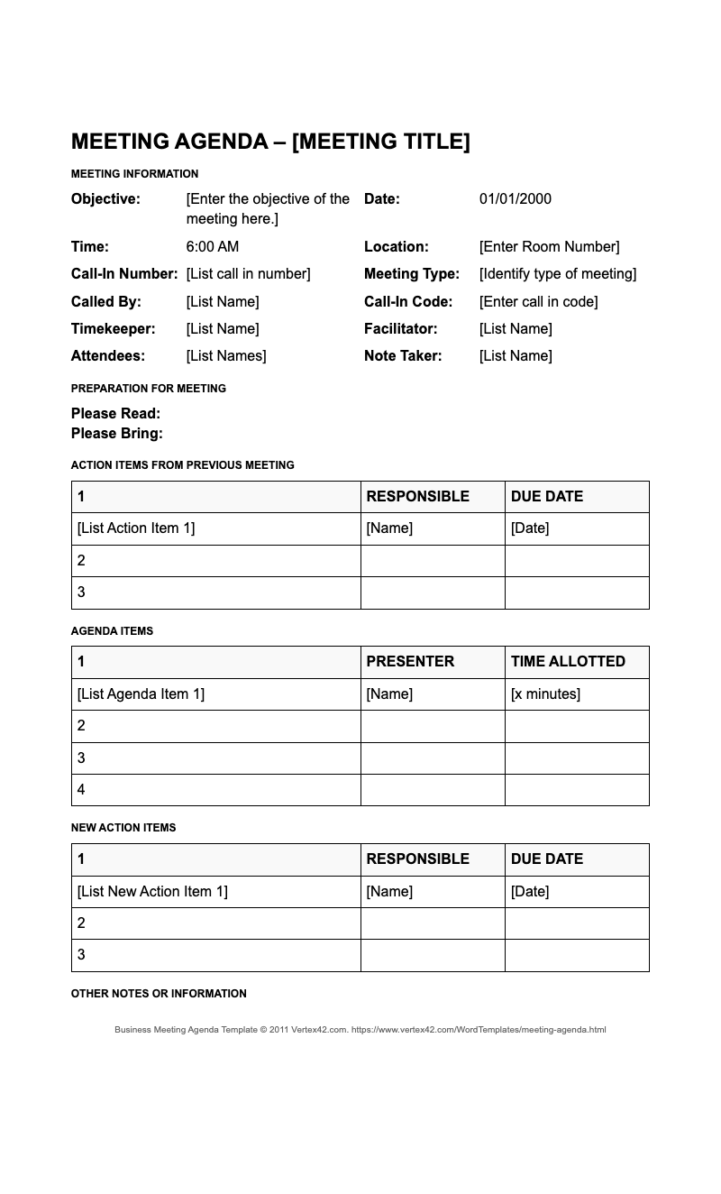 business meeting agenda table - Clean, printable layout for organizing objectives, attendees, agenda items, and action items.