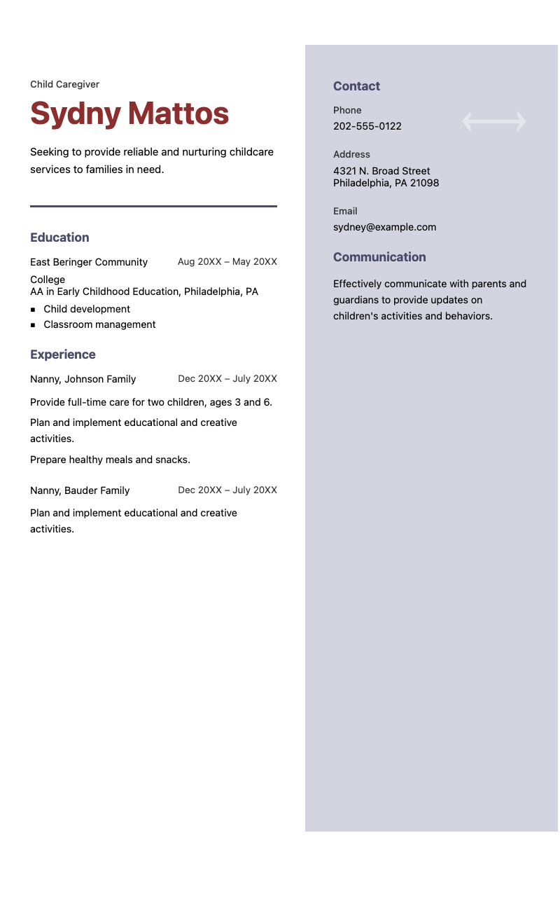 Resume - Professional two-column CV for childcare workers. Clean layout highlights education, experience and contact details.