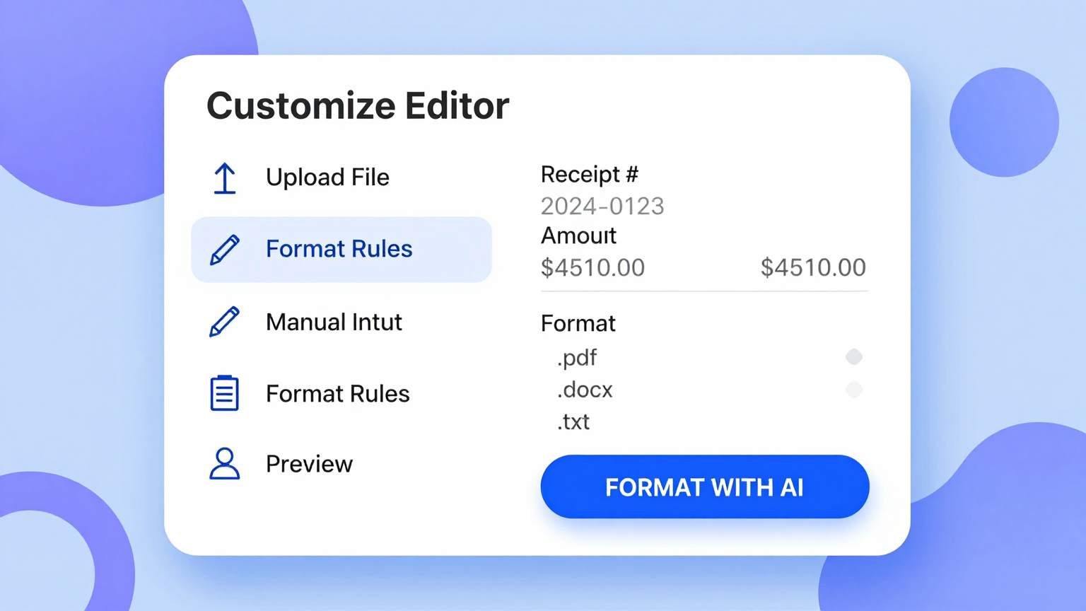 Receipt editor with customization options for store information and items