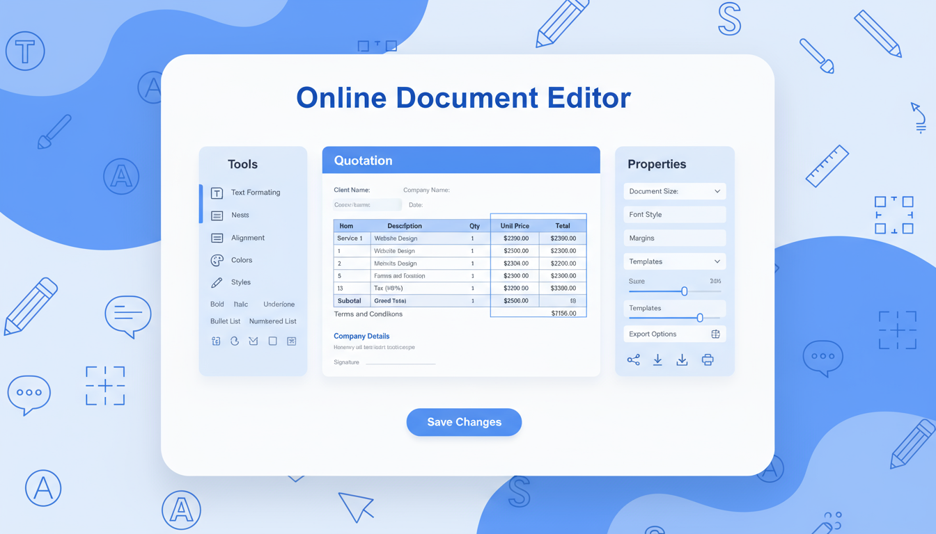 Quotation template word customization panel with branding tools, logo upload, and automatic calculation features for professional quotes