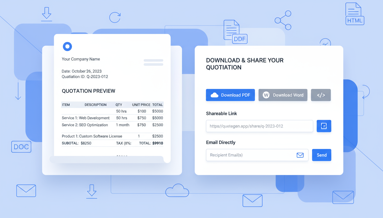 Free quotation template export options displaying PDF, quotation template word, and sharing formats for completed business quotes