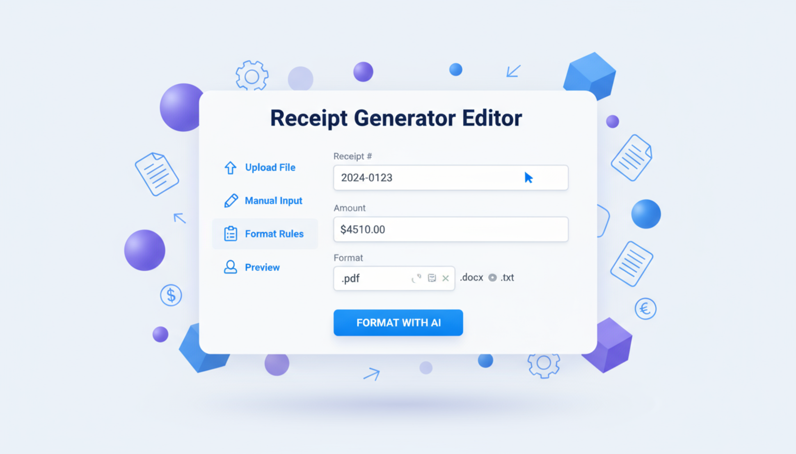 Receipt template customization panel with branding tools, logo upload, and automatic calculation features