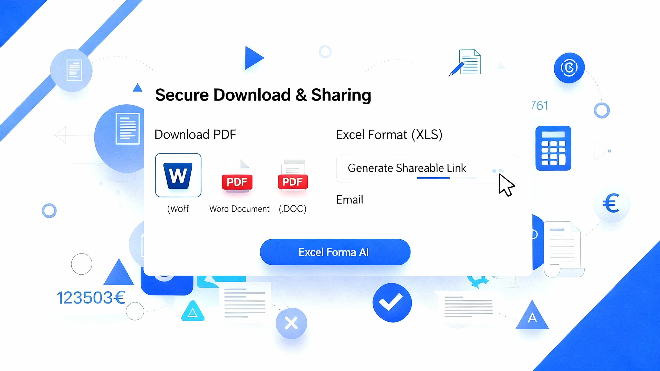 Receipt generator export options showing PDF, Word, and sharing formats for completed receipt templates
